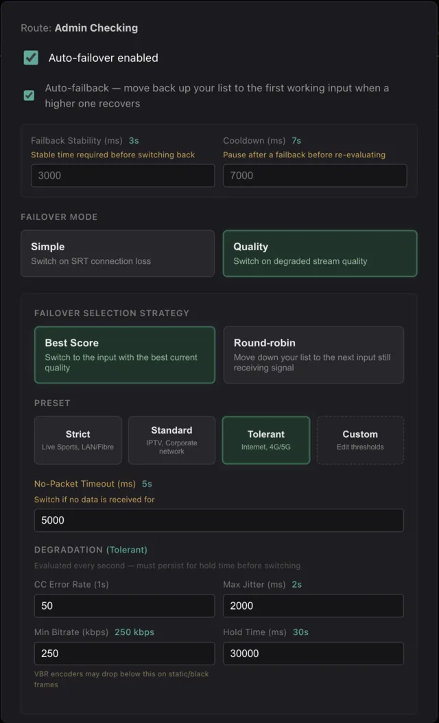 Failover settings interface showing quality-based switching configuration