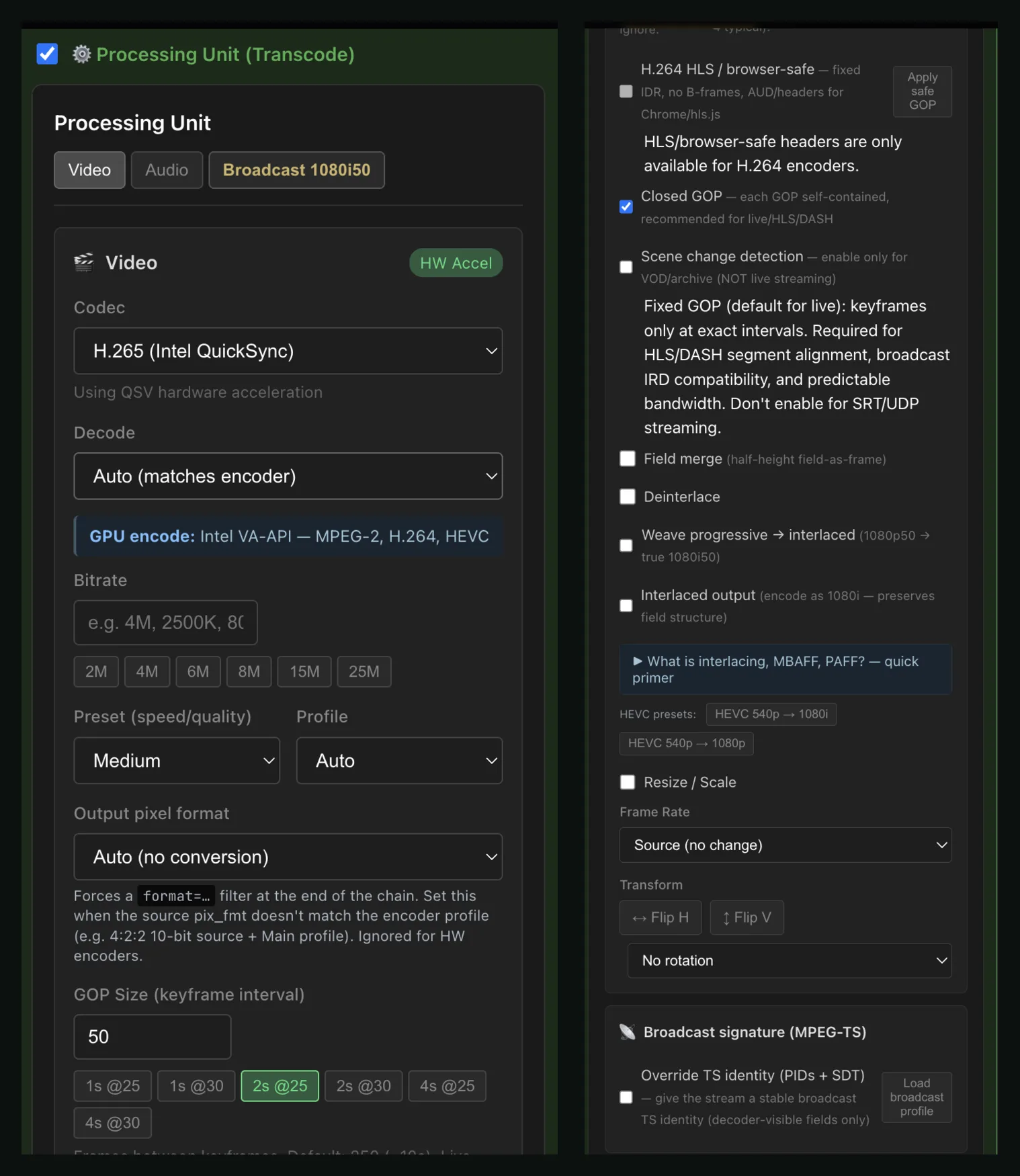 Transcoding settings showing codec, resolution, bitrate, and hardware acceleration options
