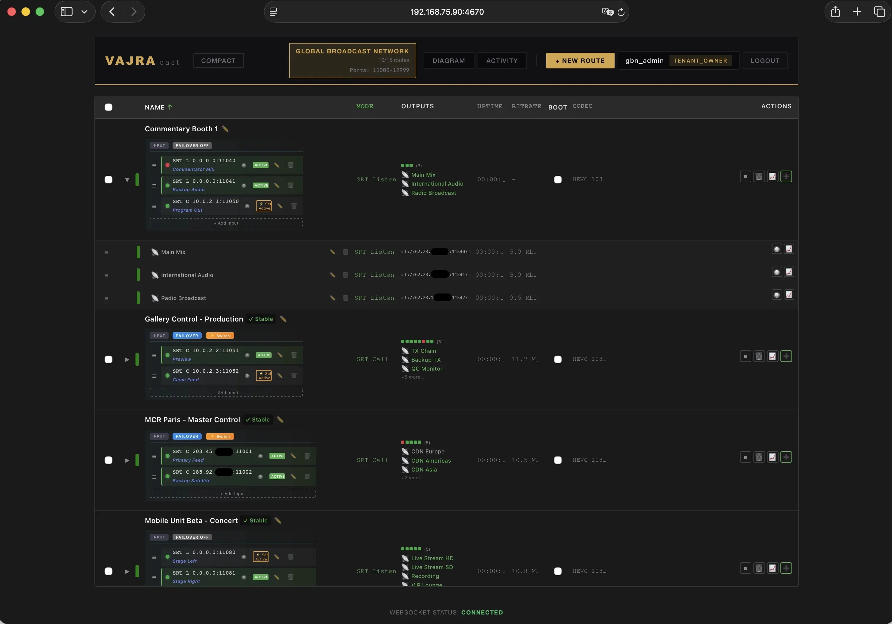 Vajracast dashboard showing active routes with real-time status, bitrate, and connection details